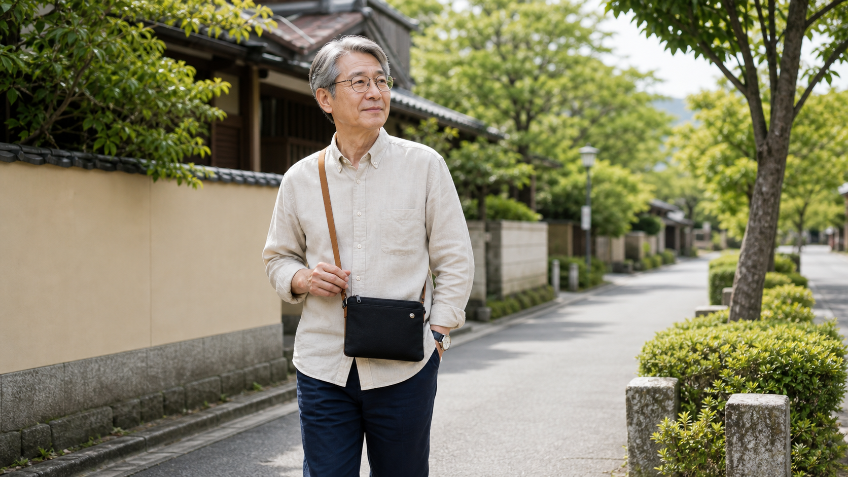 70多歲男性背著8號帆布簡約斜背小包的穿搭示意