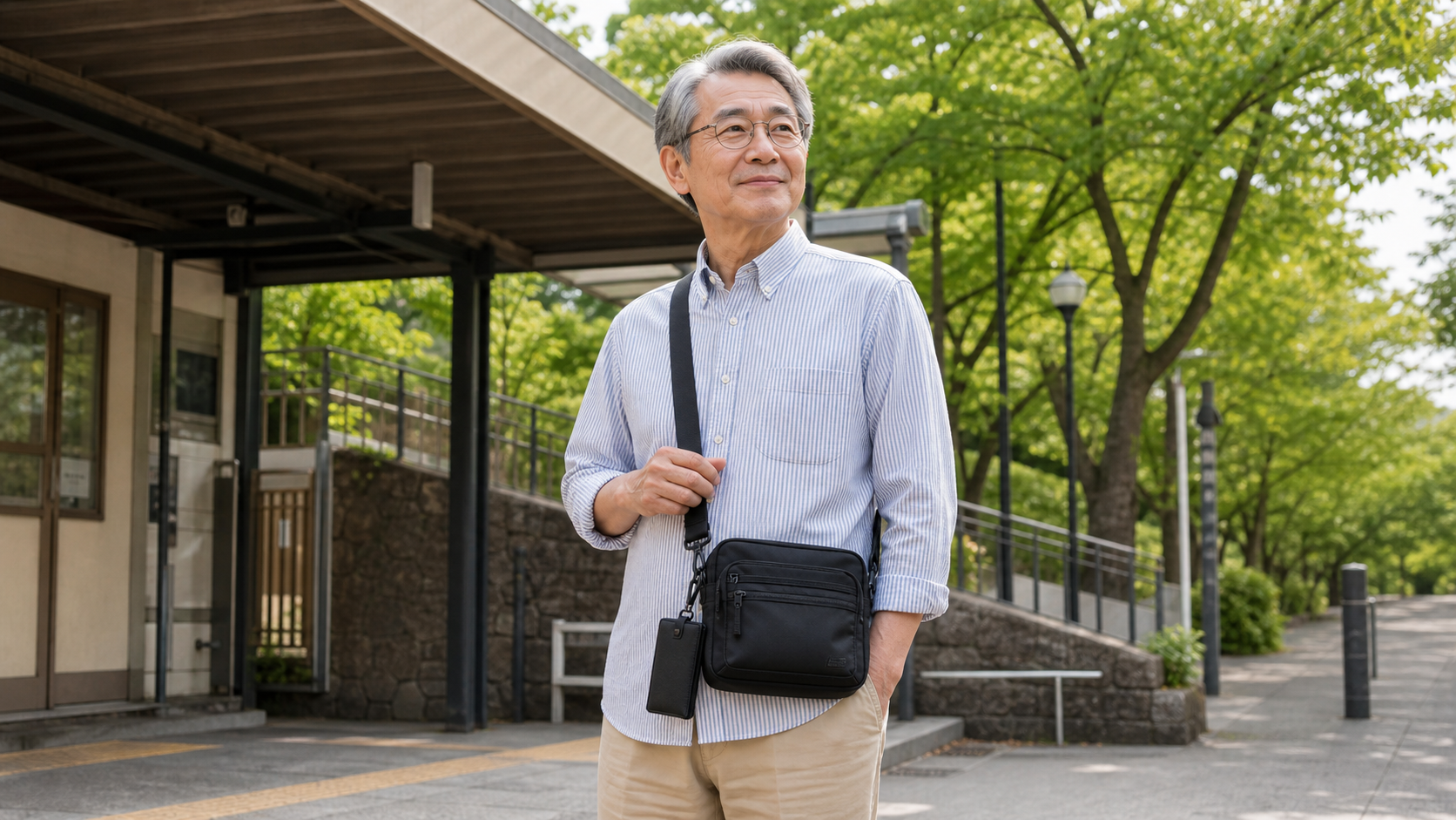 70多歲男性背著CORDURA輕量肩背包的穿搭示意